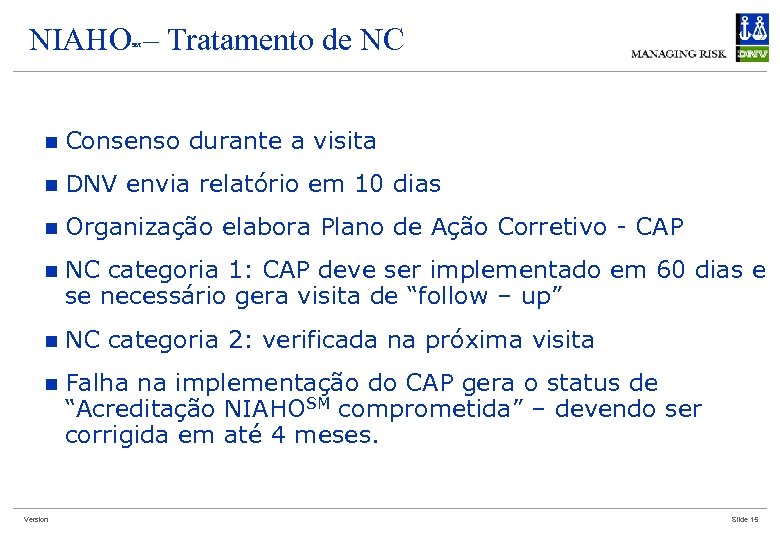 NIAHO – Tratamento de NC SM n Consenso durante a visita n DNV envia