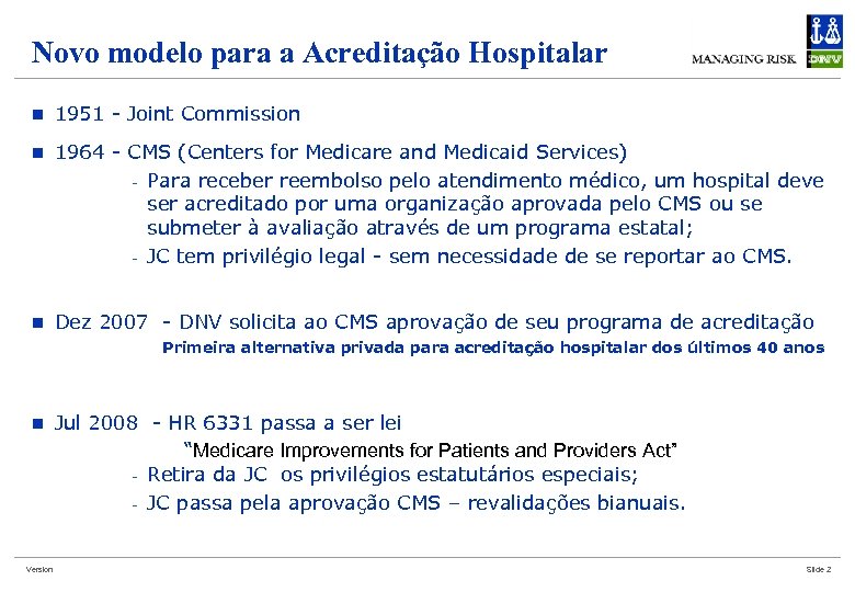 Novo modelo para a Acreditação Hospitalar n 1951 - Joint Commission n 1964 -