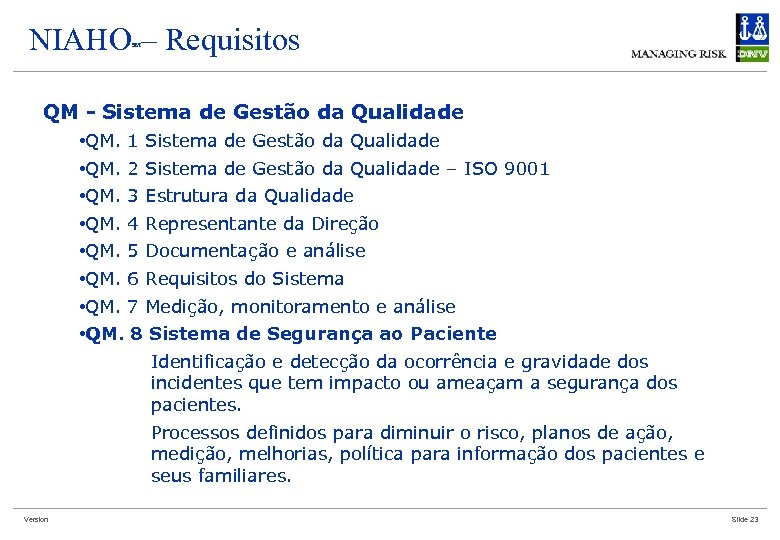 NIAHO – Requisitos SM QM - Sistema de Gestão da Qualidade • QM. 1