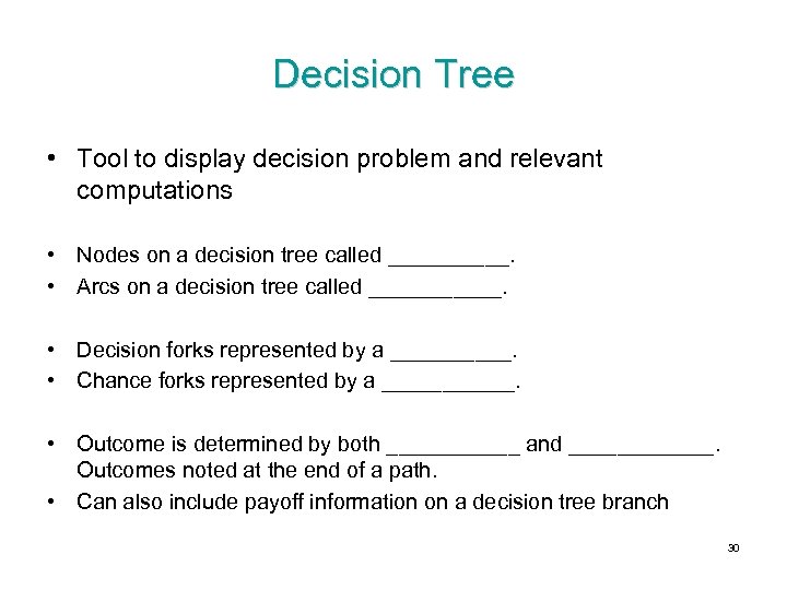 Decision Tree • Tool to display decision problem and relevant computations • Nodes on