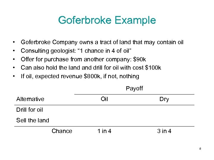 Goferbroke Example • • • Goferbroke Company owns a tract of land that may