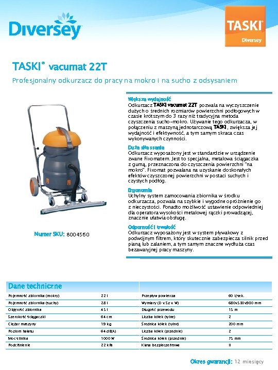 TASKI® vacumat 22 T Profesjonalny odkurzacz do pracy na mokro i na sucho z