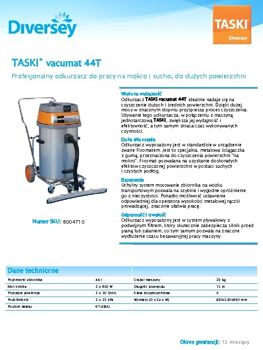 TASKI® vacumat 44 T Profesjonalny odkurzacz do pracy na mokro i sucho, do dużych