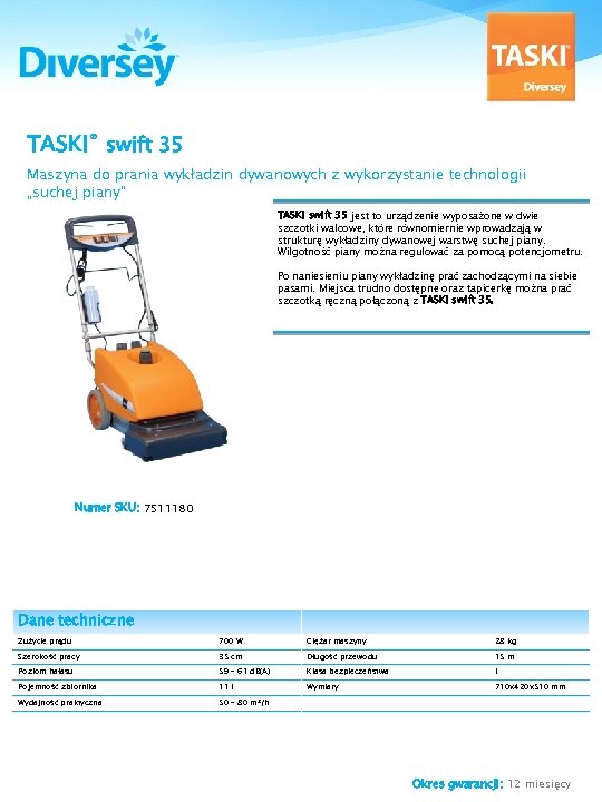 TASKI® swift 35 Maszyna do prania wykładzin dywanowych z wykorzystanie technologii „suchej piany” TASKI