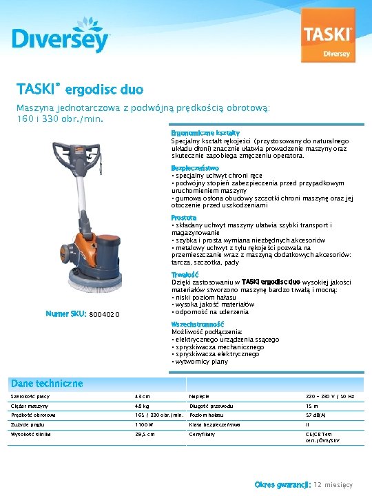 TASKI® ergodisc duo Maszyna jednotarczowa z podwójną prędkością obrotową: 160 i 330 obr. /min.