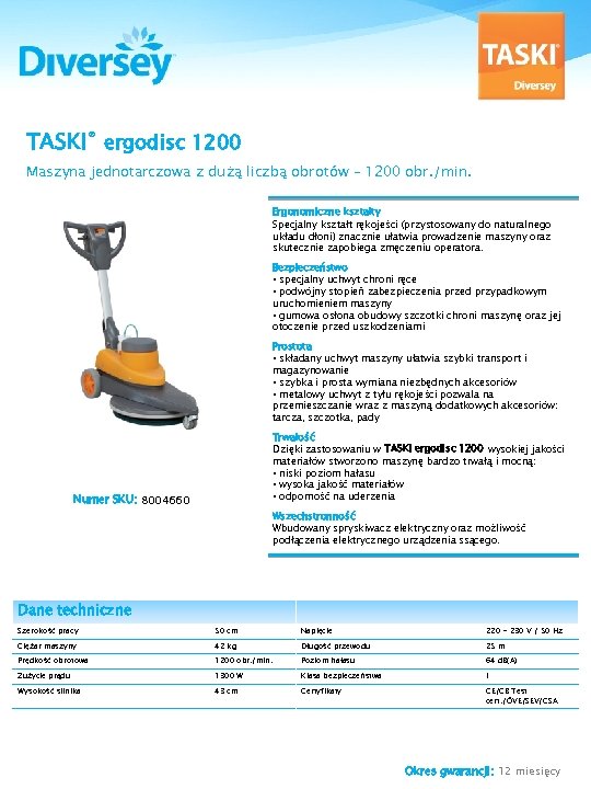 TASKI® ergodisc 1200 Maszyna jednotarczowa z dużą liczbą obrotów – 1200 obr. /min. Ergonomiczne