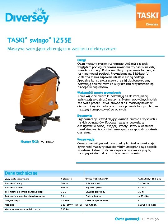 TASKI® swingo® 1255 E Maszyna szorująco–zbierająca o zasilaniu elektrycznym Osiągi Opatentowany system ruchomego ułożenia