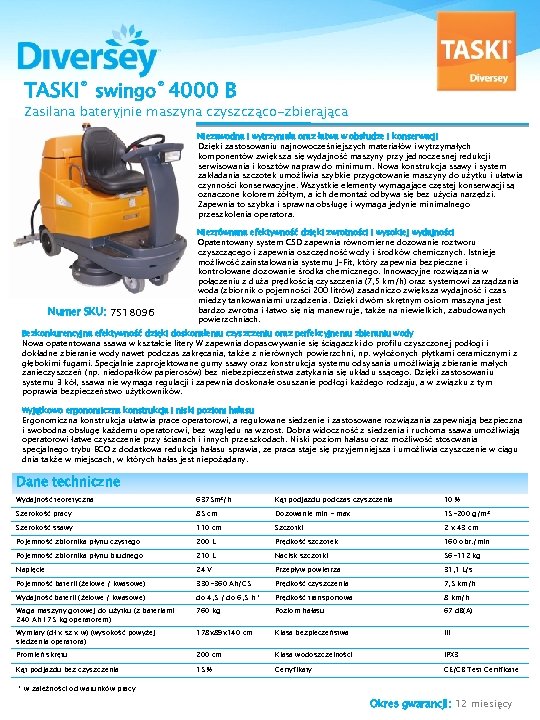 TASKI® swingo® 4000 B Zasilana bateryjnie maszyna czyszcząco-zbierająca Niezawodna i wytrzymała oraz łatwa w