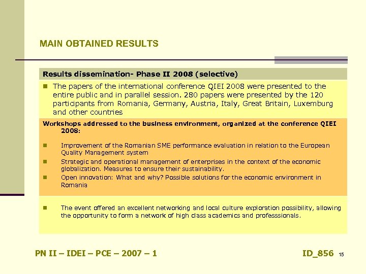 MAIN OBTAINED RESULTS Results dissemination- Phase II 2008 (selective) n The papers of the