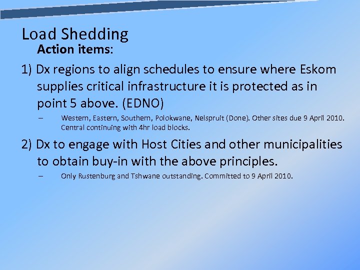 Load Shedding Action items: 1) Dx regions to align schedules to ensure where Eskom