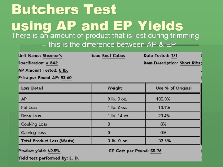 Butchers Test using AP and EP Yields There is an amount of product that