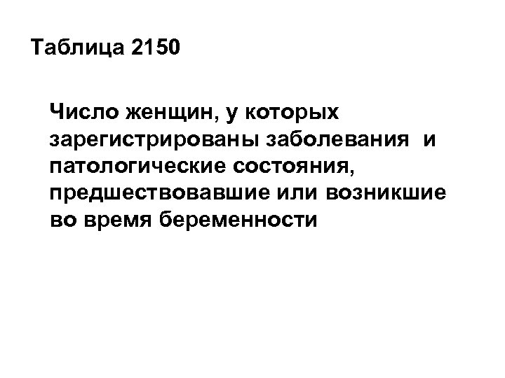 Таблица 2150 Число женщин, у которых зарегистрированы заболевания и патологические состояния, предшествовавшие или возникшие