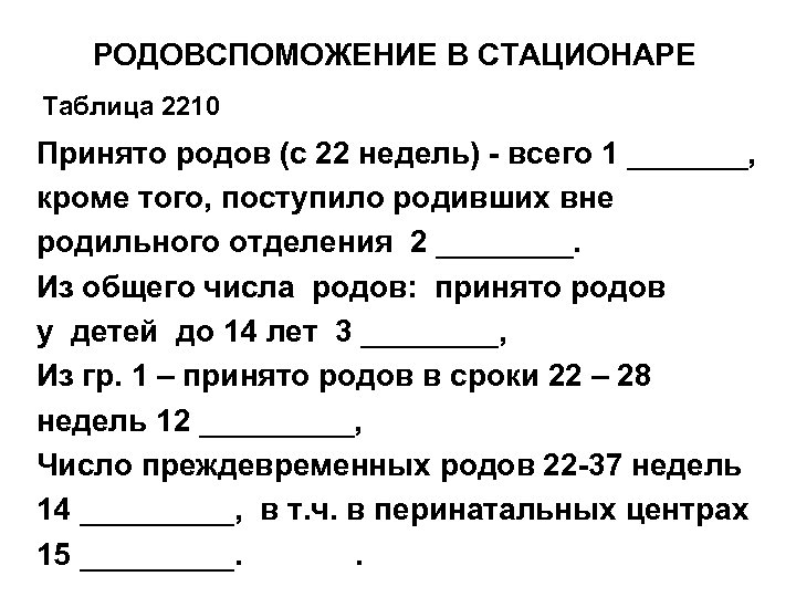 РОДОВСПОМОЖЕНИЕ В СТАЦИОНАРЕ Таблица 2210 Принято родов (с 22 недель) - всего 1 _______,