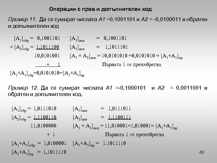 Операции с прав и допълнителен код Пример 11. Да се сумират числата А 1