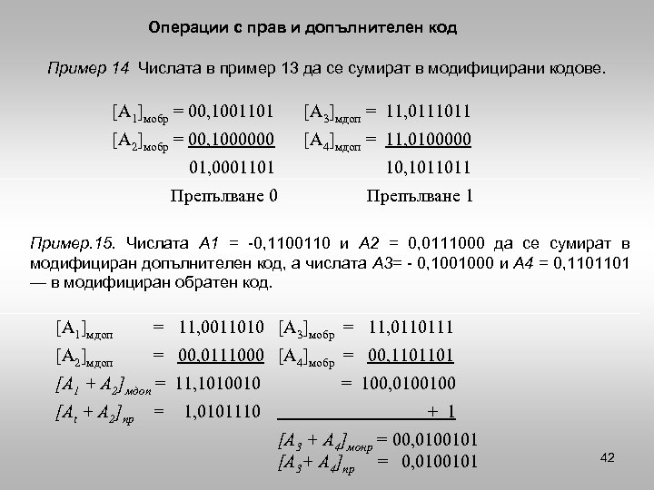 Операции с прав и допълнителен код Пример 14 Числата в пример 13 да се