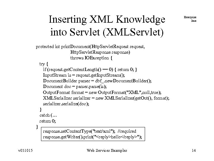 Inserting XML Knowledge into Servlet (XMLServlet) Enterprise Java protected int print. Document(Http. Servlet. Request