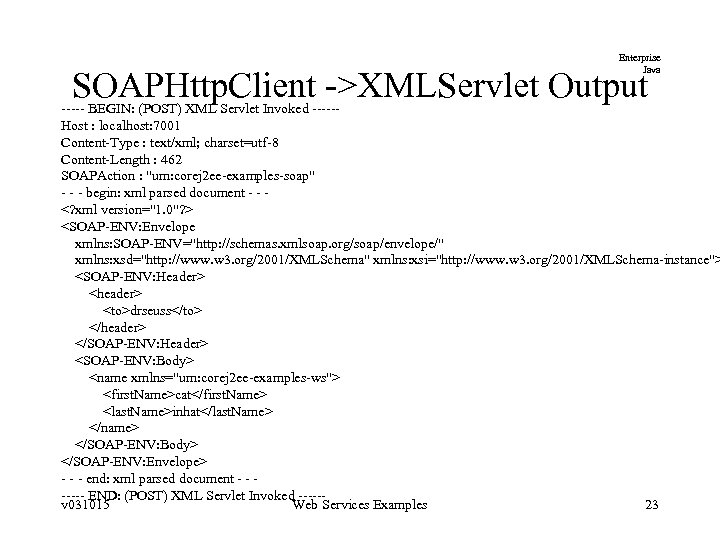 Enterprise Java SOAPHttp. Client ->XMLServlet Output ----- BEGIN: (POST) XML Servlet Invoked -----Host :