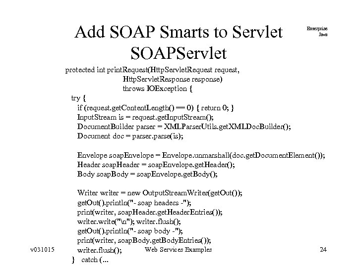 Add SOAP Smarts to Servlet SOAPServlet Enterprise Java protected int print. Request(Http. Servlet. Request