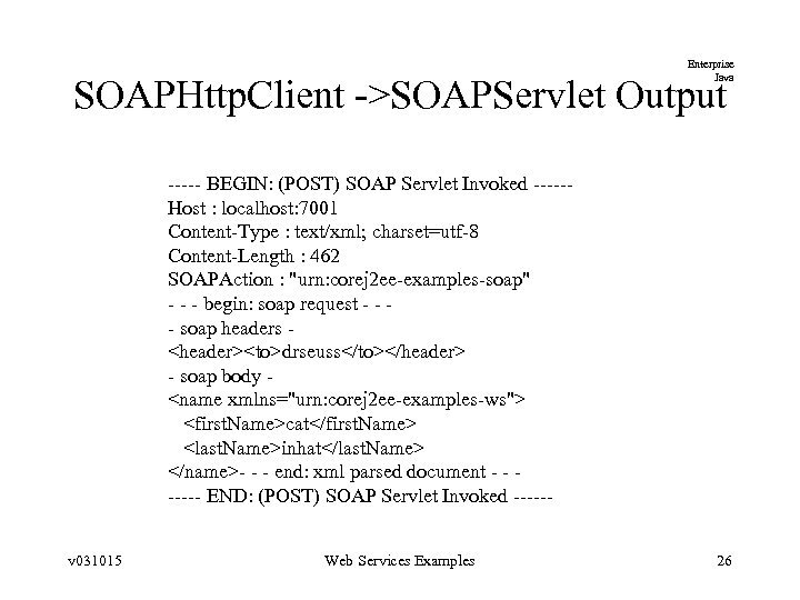 Enterprise Java SOAPHttp. Client ->SOAPServlet Output ----- BEGIN: (POST) SOAP Servlet Invoked -----Host :