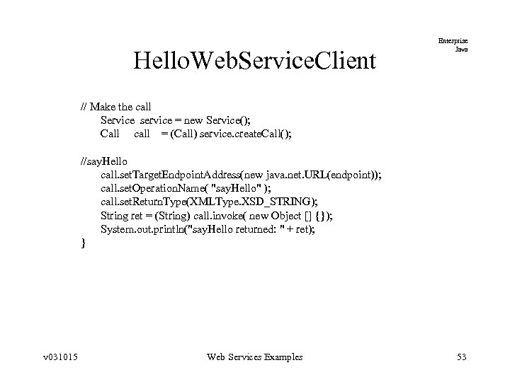 Hello. Web. Service. Client Enterprise Java // Make the call Service service = new