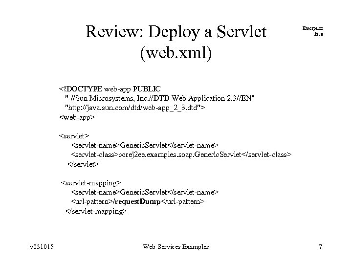 Review: Deploy a Servlet (web. xml) Enterprise Java <!DOCTYPE web-app PUBLIC "-//Sun Microsystems, Inc.