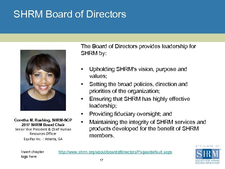 SHRM Board of Directors The Board of Directors provides leadership for SHRM by: •