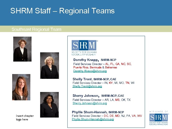 SHRM Staff – Regional Teams Southeast Regional Team , Dorothy Knapp SHRM-SCP Field Services