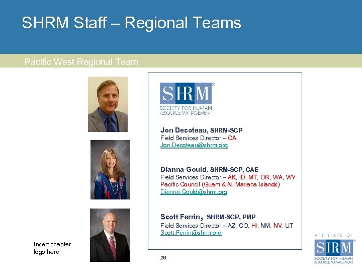 SHRM Staff – Regional Teams Pacific West Regional Team Jon Decoteau, SHRM-SCP Field Services