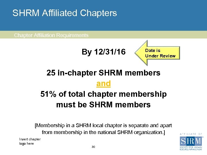 SHRM Affiliated Chapters Chapter Affiliation Requirements Date is By 12/31/16 Under Review 25 in-chapter