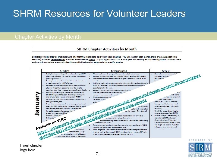 SHRM Resources for Volunteer Leaders Chapter Activities by Month ey= c t. K men