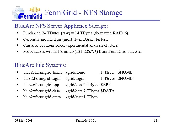 Fermi. Grid - NFS Storage Blue. Arc NFS Server Appliance Storage: • • Purchased