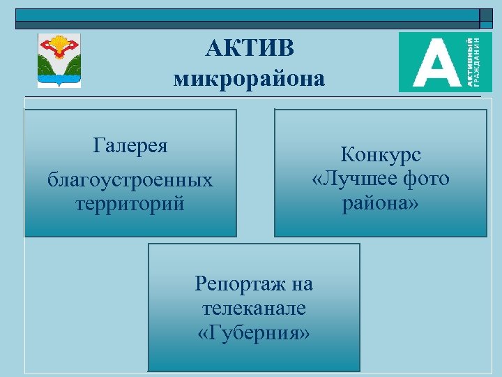 АКТИВ микрорайона Галерея благоустроенных территорий Конкурс «Лучшее фото района» Репортаж на телеканале «Губерния» 
