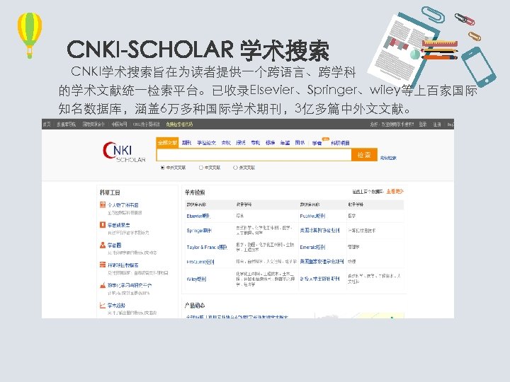 CNKI-SCHOLAR 学术搜索 CNKI学术搜索旨在为读者提供一个跨语言、跨学科 的学术文献统一检索平台。已收录EIsevier、Springer、wiley等上百家国际 知名数据库，涵盖 6万多种国际学术期刊，3亿多篇中外文文献。 