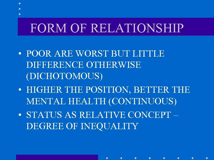 FORM OF RELATIONSHIP • POOR ARE WORST BUT LITTLE DIFFERENCE OTHERWISE (DICHOTOMOUS) • HIGHER