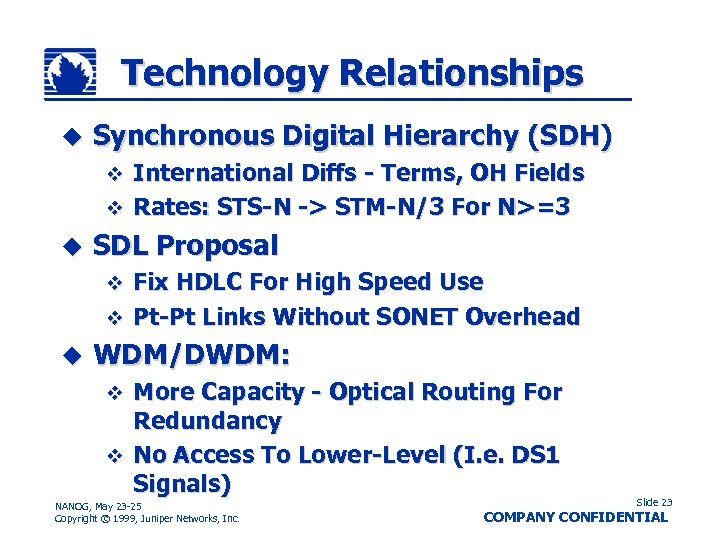 Technology Relationships u Synchronous Digital Hierarchy (SDH) International Diffs - Terms, OH Fields v