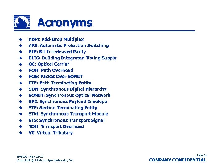 Acronyms u u u u ADM: Add-Drop Multiplex APS: Automatic Protection Switching BIP: Bit