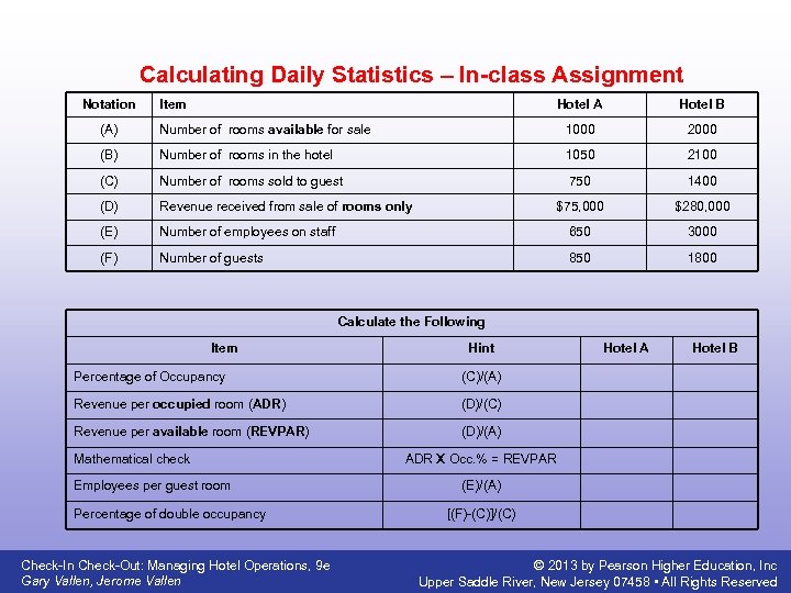 Calculating Daily Statistics – In-class Assignment Notation Item Hotel A Hotel B (A) Number