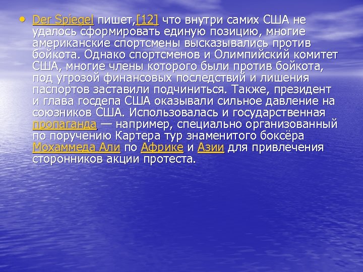  • Der Spiegel пишет, [12] что внутри самих США не удалось сформировать единую