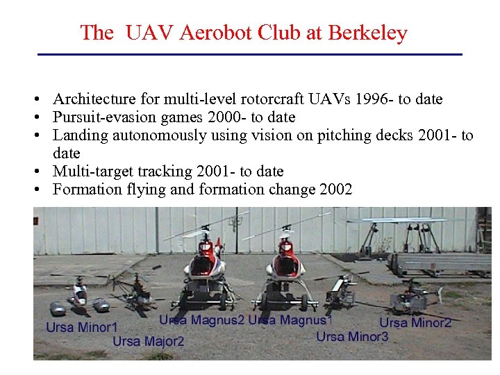 The UAV Aerobot Club at Berkeley • Architecture for multi-level rotorcraft UAVs 1996 -