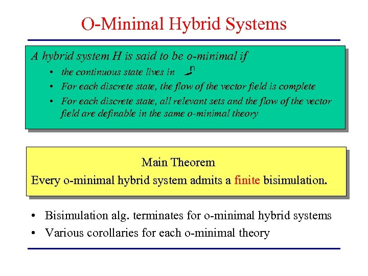 O-Minimal Hybrid Systems A hybrid system H is said to be o-minimal if •
