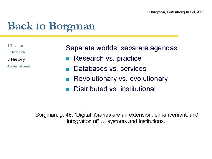  • Borgman, Gutenberg to GII, 2000. Back to Borgman 1 Themes 2 Definition