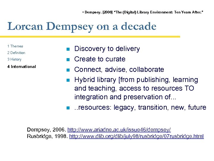  • Dempsey. [2006] “The (Digital) Library Environment: Ten Years After. ” Lorcan Dempsey