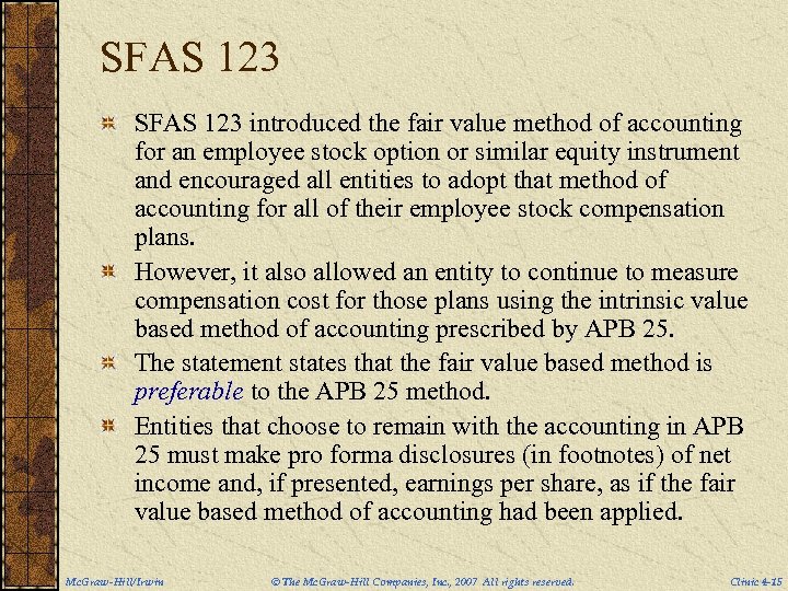 SFAS 123 introduced the fair value method of accounting for an employee stock option