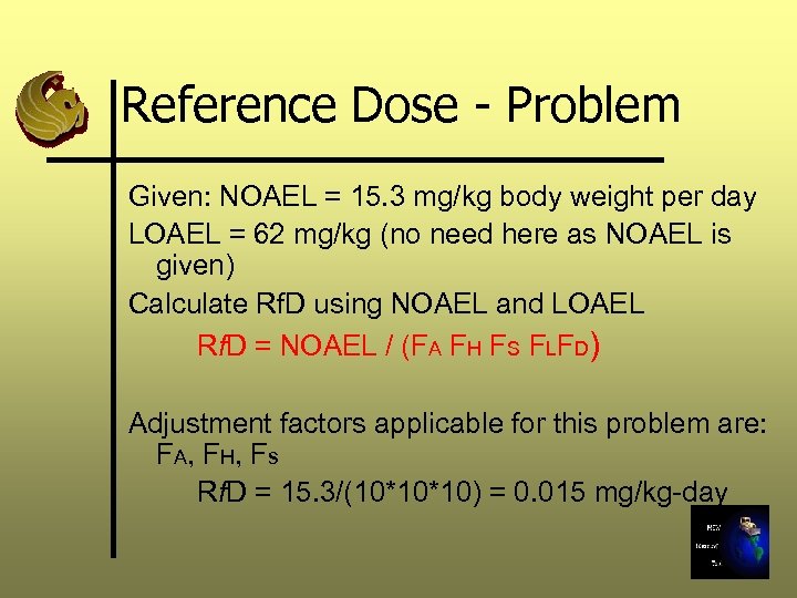 Reference Dose - Problem Given: NOAEL = 15. 3 mg/kg body weight per day