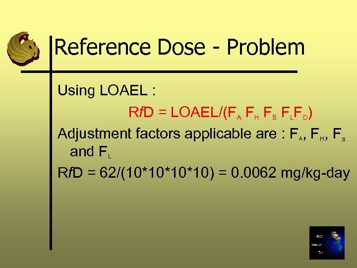 Reference Dose - Problem Using LOAEL : Rf. D = LOAEL/(FA FH FS FLFD)