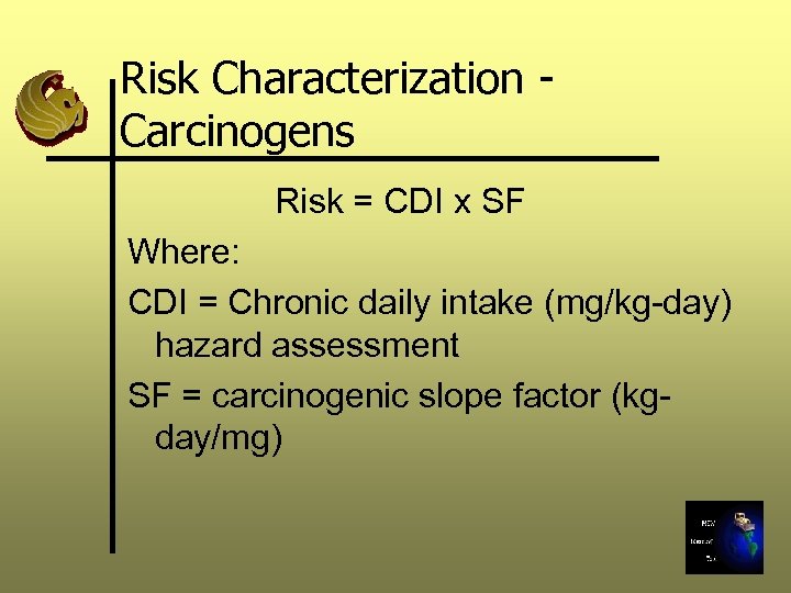 Risk Characterization Carcinogens Risk = CDI x SF Where: CDI = Chronic daily intake