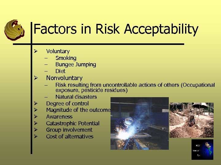 Factors in Risk Acceptability Ø Ø Voluntary – Smoking – Bungee Jumping – Diet