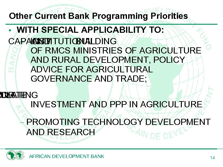 Other Current Bank Programming Priorities WITH SPECIAL APPLICABILITY TO: CAPACITY – INSTITUTIONAL AND BUILDING