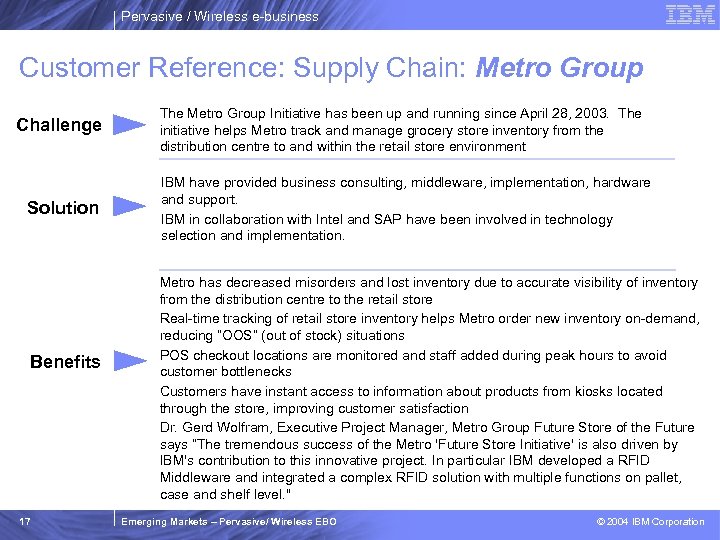 Pervasive / Wireless e-business Customer Reference: Supply Chain: Metro Group Challenge Solution Benefits 17