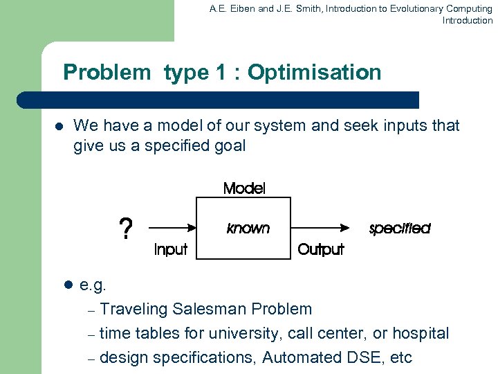 A. E. Eiben and J. E. Smith, Introduction to Evolutionary Computing Introduction Problem type